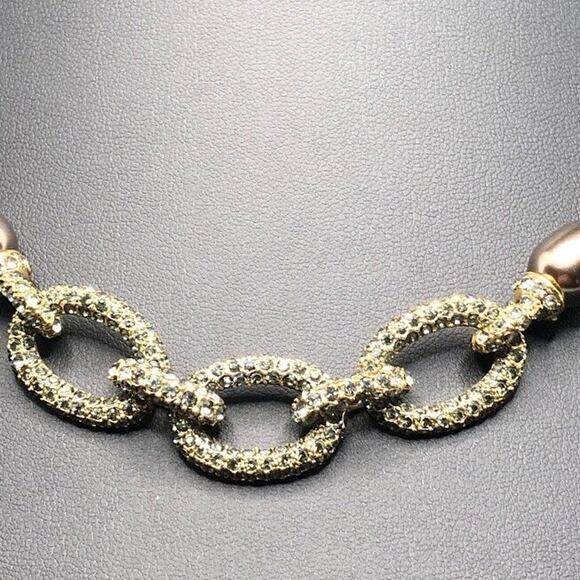 Monet Faux Pearl Necklace Taupe Brown Rhinestone Covered Links Vtg Runway Collar - Picture 3 of 12